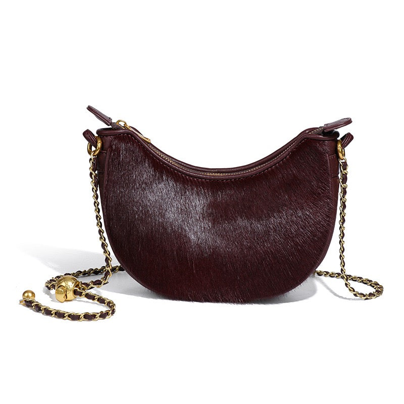 Äkta läder, leopardmönster, halvmåneformad, axelremsväska för damer