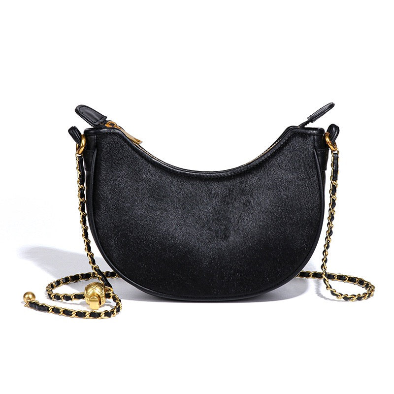 Äkta läder, leopardmönster, halvmåneformad, axelremsväska för damer