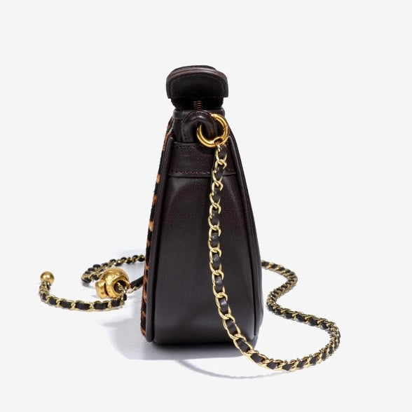 Äkta läder, leopardmönster, halvmåneformad, axelremsväska för damer