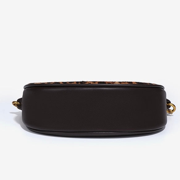 Äkta läder, leopardmönster, halvmåneformad, axelremsväska för damer