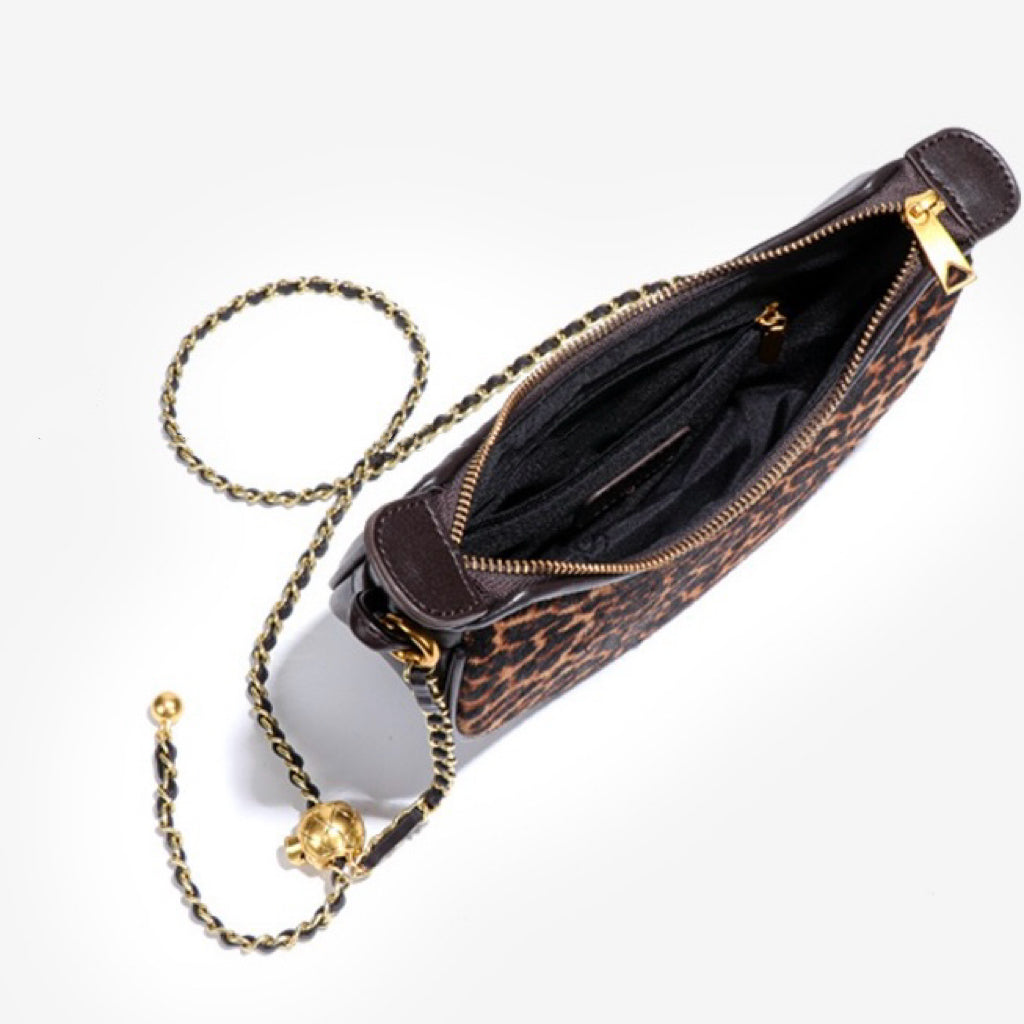 Äkta läder, leopardmönster, halvmåneformad, axelremsväska för damer