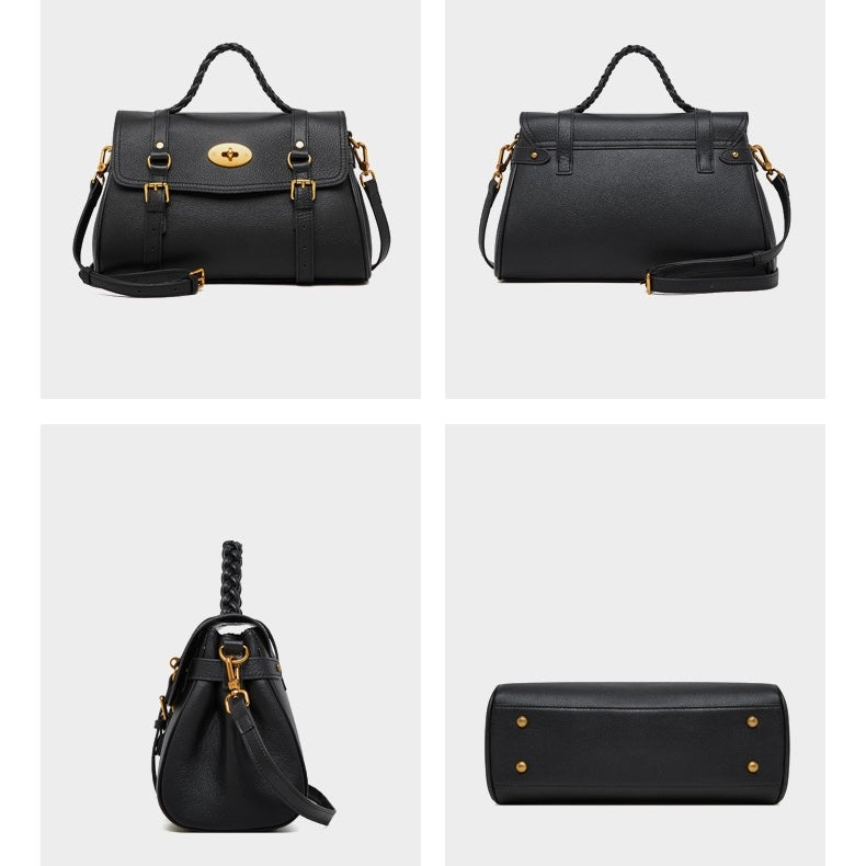 Klassisk läderväska med spänne och flätat handtag