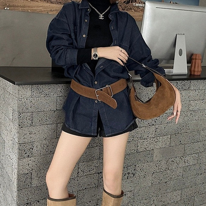 Brun Hobo-axelväska i mocka och läder