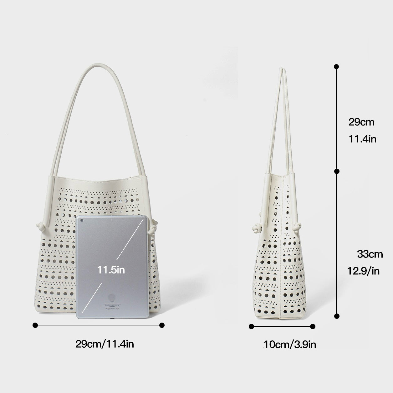 Perforerad tygväska i äkta läder med avtagbar ficka