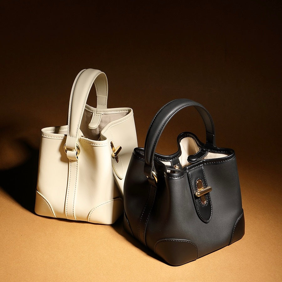 Äkta läder Premium Lock Mini Bucket Handväska Axelväska för kvinnor