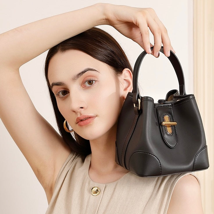 Äkta läder Premium Lock Mini Bucket Handväska Axelväska för kvinnor