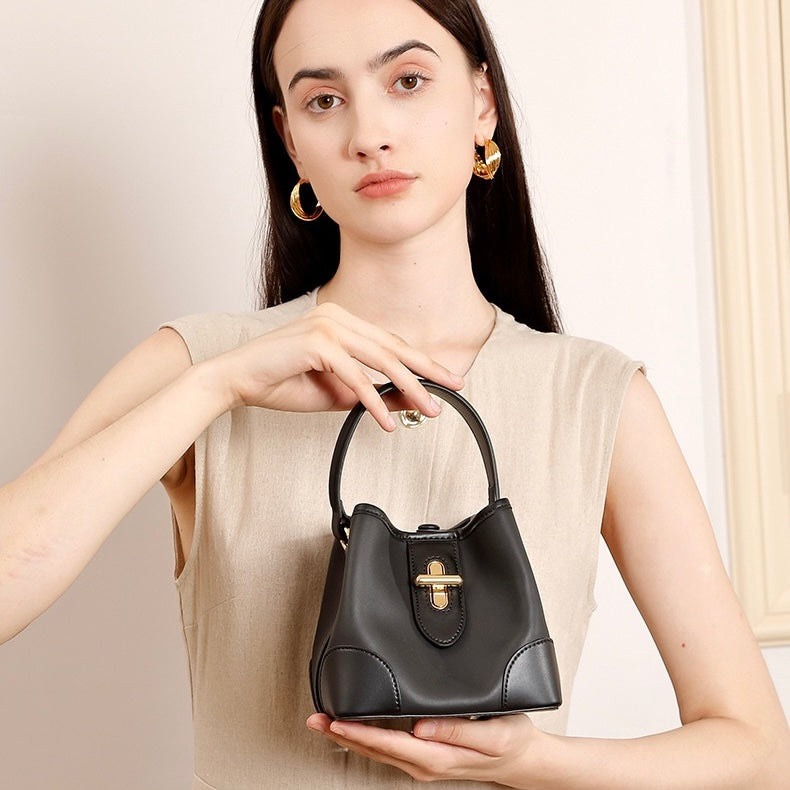 Äkta läder Premium Lock Mini Bucket Handväska Axelväska för kvinnor