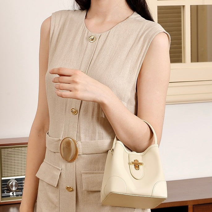 Äkta läder Premium Lock Mini Bucket Handväska Axelväska för kvinnor