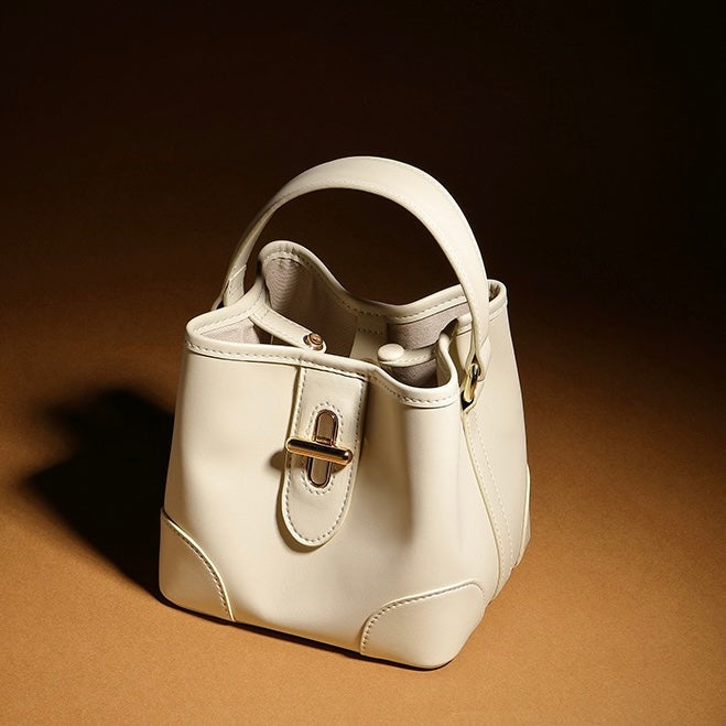 Äkta läder Premium Lock Mini Bucket Handväska Axelväska för kvinnor