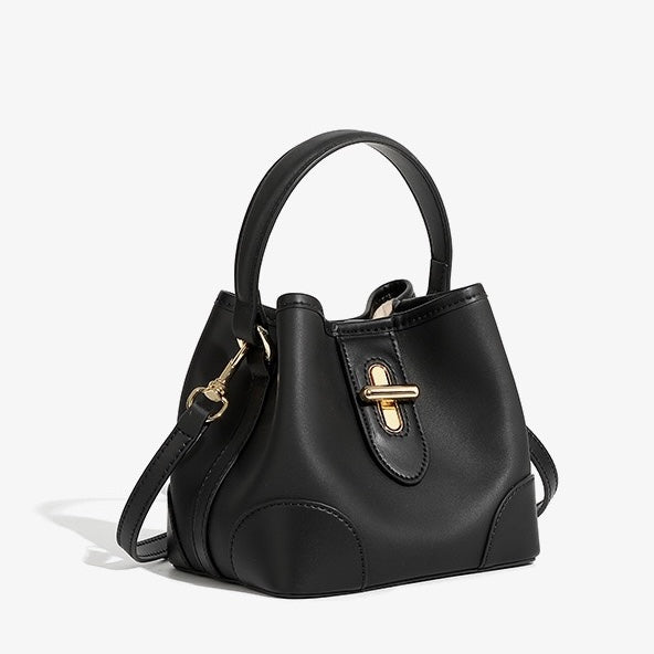 Äkta läder Premium Lock Mini Bucket Handväska Axelväska för kvinnor