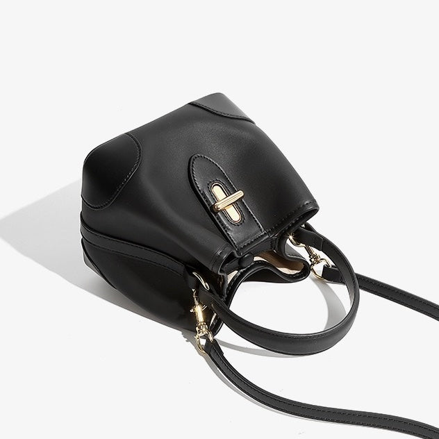 Äkta läder Premium Lock Mini Bucket Handväska Axelväska för kvinnor