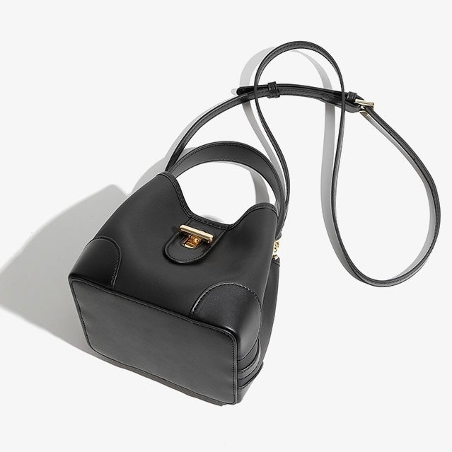 Äkta läder Premium Lock Mini Bucket Handväska Axelväska för kvinnor
