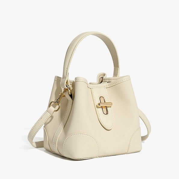 Äkta läder Premium Lock Mini Bucket Handväska Axelväska för kvinnor