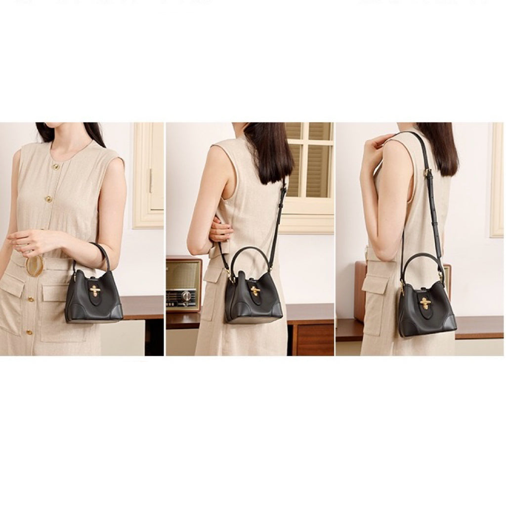 Äkta läder Premium Lock Mini Bucket Handväska Axelväska för kvinnor