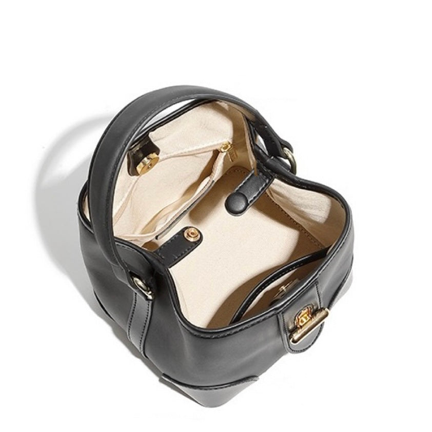 Äkta läder Premium Lock Mini Bucket Handväska Axelväska för kvinnor