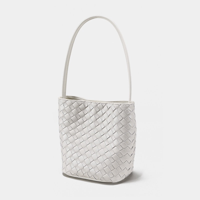 Handgjord retrovävd bucketväska i äkta fårskinn för kvinnor