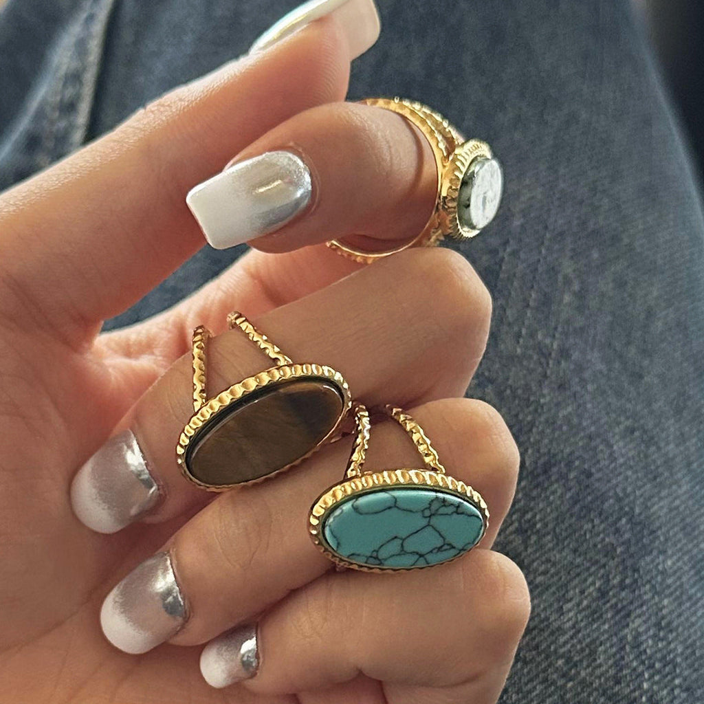 Lyxig oval turkos tigerögaring (justerbar)